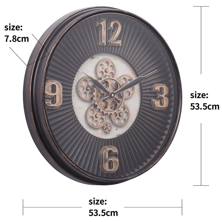 Chilli Decor Marcus Grooved Gold Black Wash Metal Moving Gears Wall Clock 55cm TQ-Y702 7