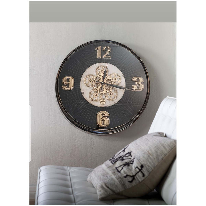 Chilli Decor Marcus Grooved Gold Black Wash Metal Moving Gears Wall Clock 55cm TQ-Y702 9