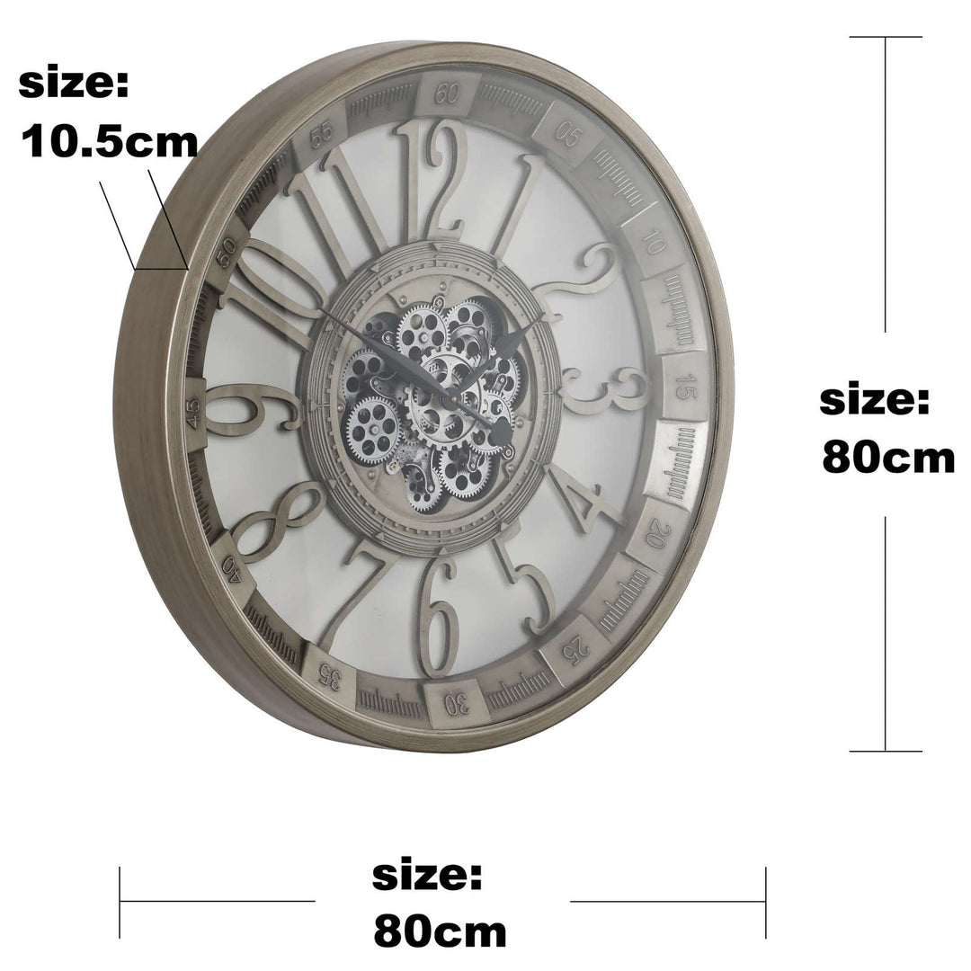 Chilli Decor Maurice Industrial Silver Metal Moving Gears Wall Clock 80cm TQ-Y744 6