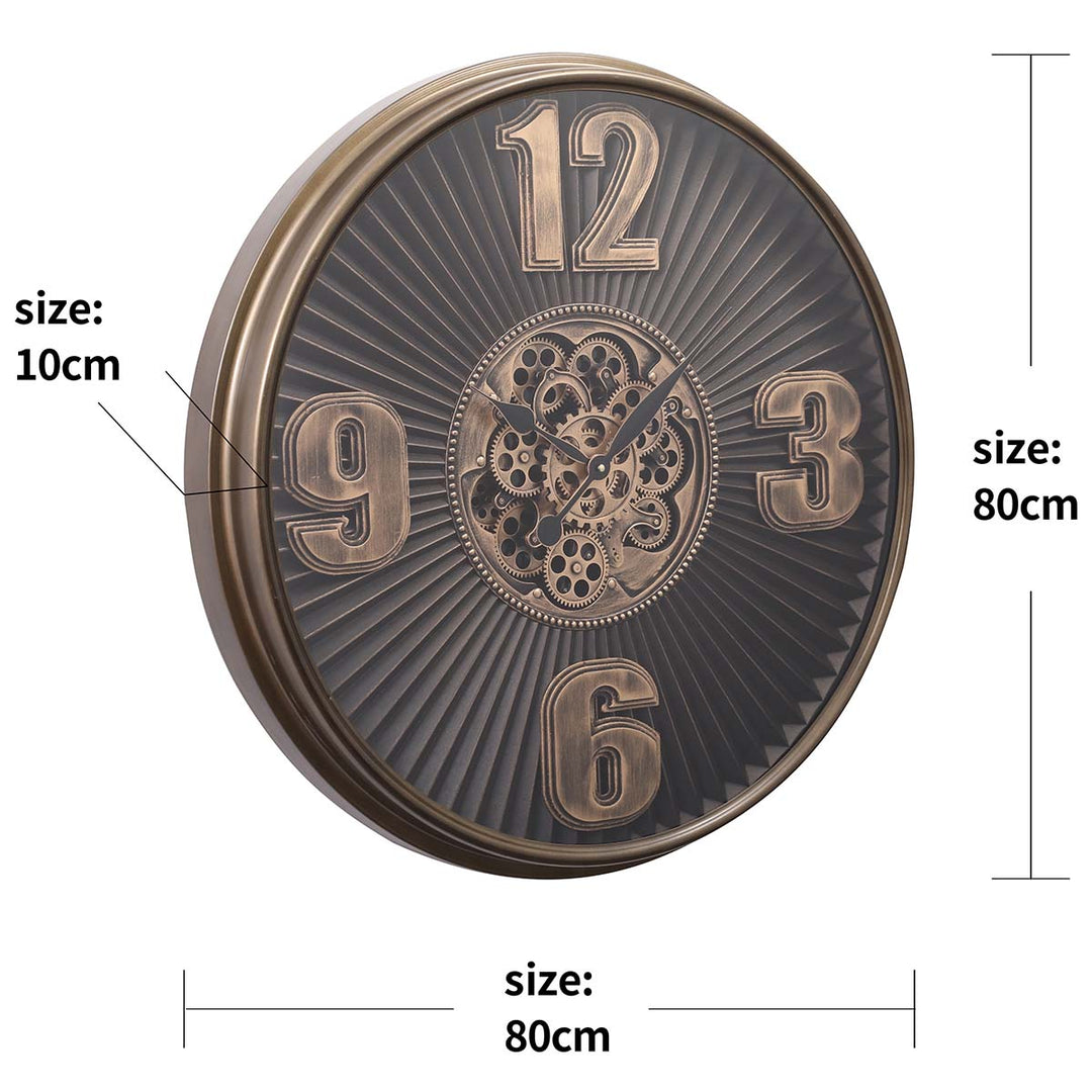 Chilli Decor Maximus Grooved Gold Black Wash Metal Moving Gears Wall Clock 80cm TQ-Y697 8