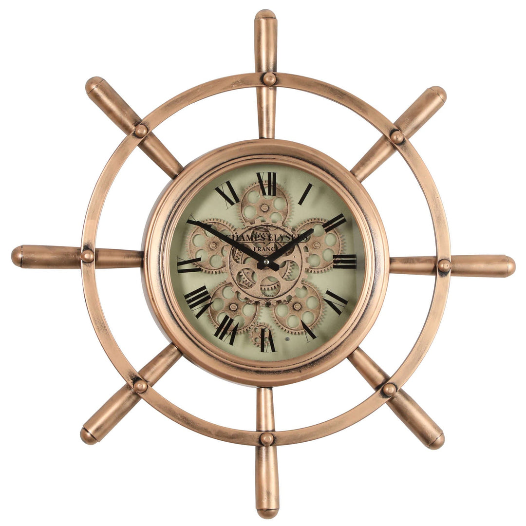 Chilli Decor Nautical Steering Wheel Copper Metal Moving Gears Wall Clock 65cm TQ-Y743 1