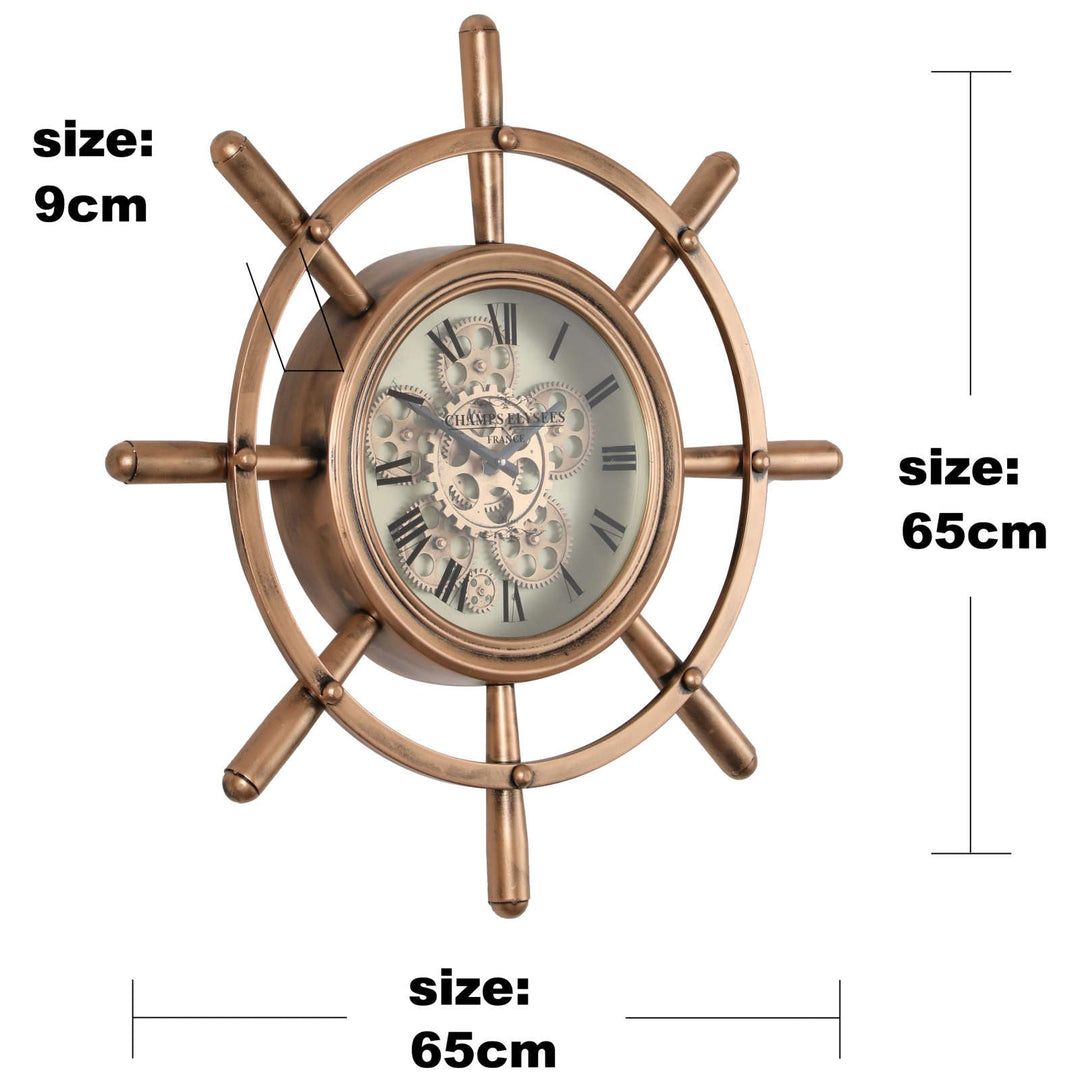 Chilli Decor Nautical Steering Wheel Copper Metal Moving Gears Wall Clock 65cm TQ-Y743 5