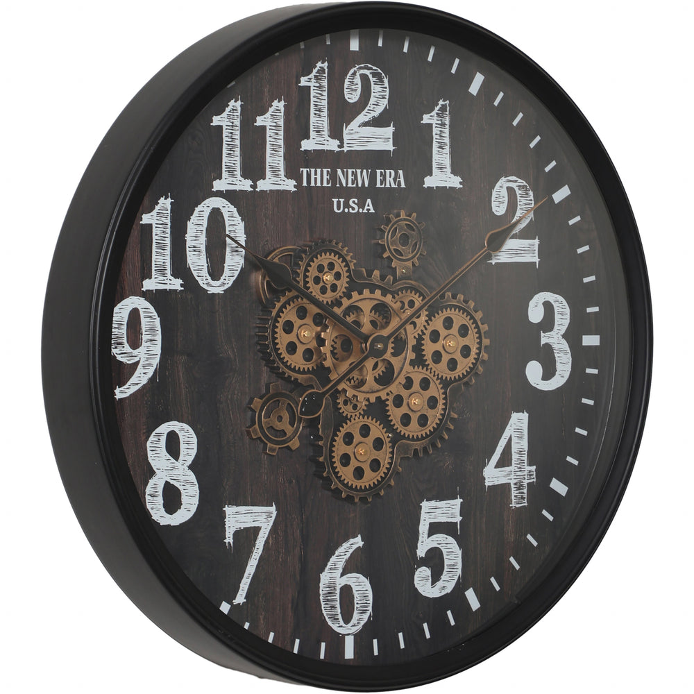 Chilli Decor New Era Black Metal Weathered Wood Face Moving Gears Wall Clock 60cm TQ-Y764 2
