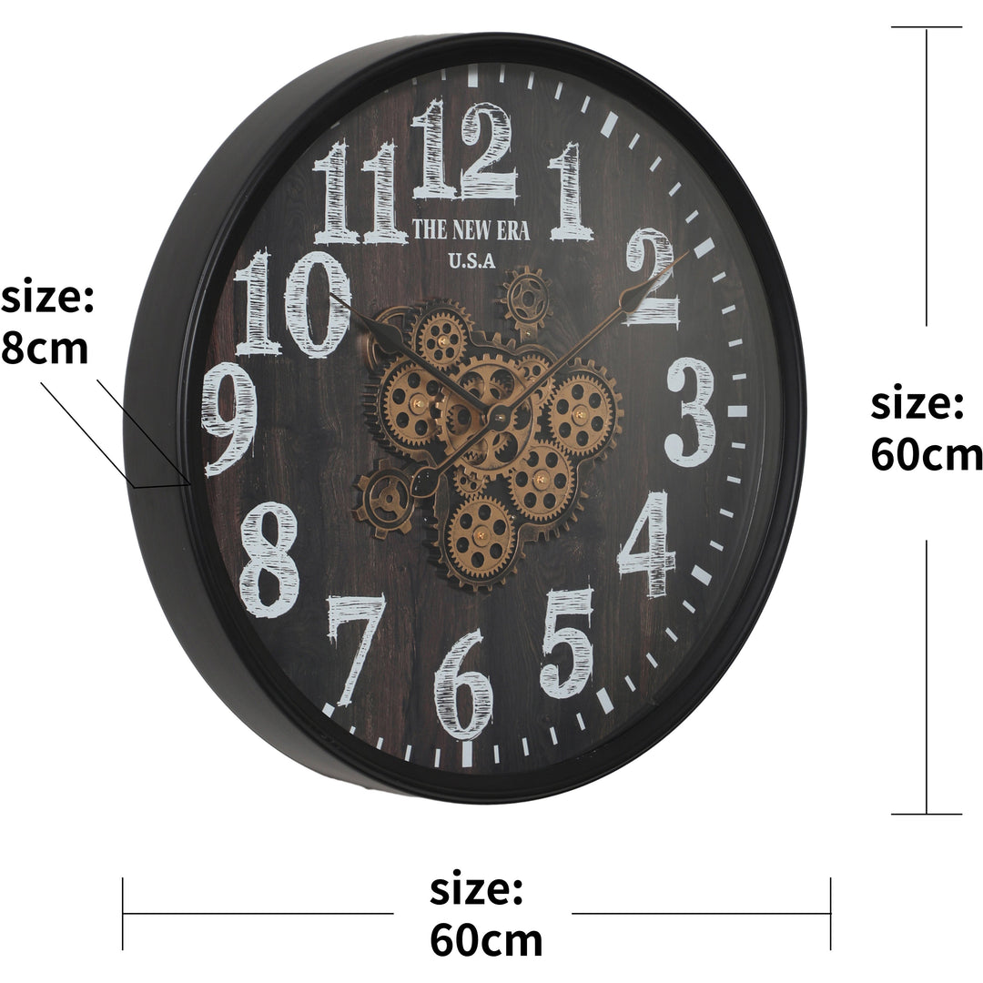 Chilli Decor New Era Black Metal Weathered Wood Face Moving Gears Wall Clock 60cm TQ-Y764 7