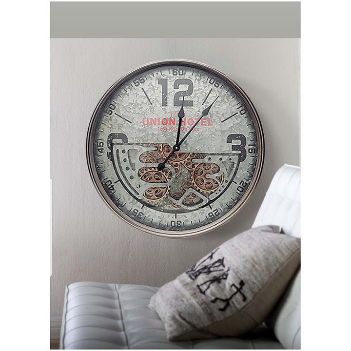Chilli Decor Paris Union Hotel Silver Metal Moving Gears Wall Clock 60cm TQ-Y663 2