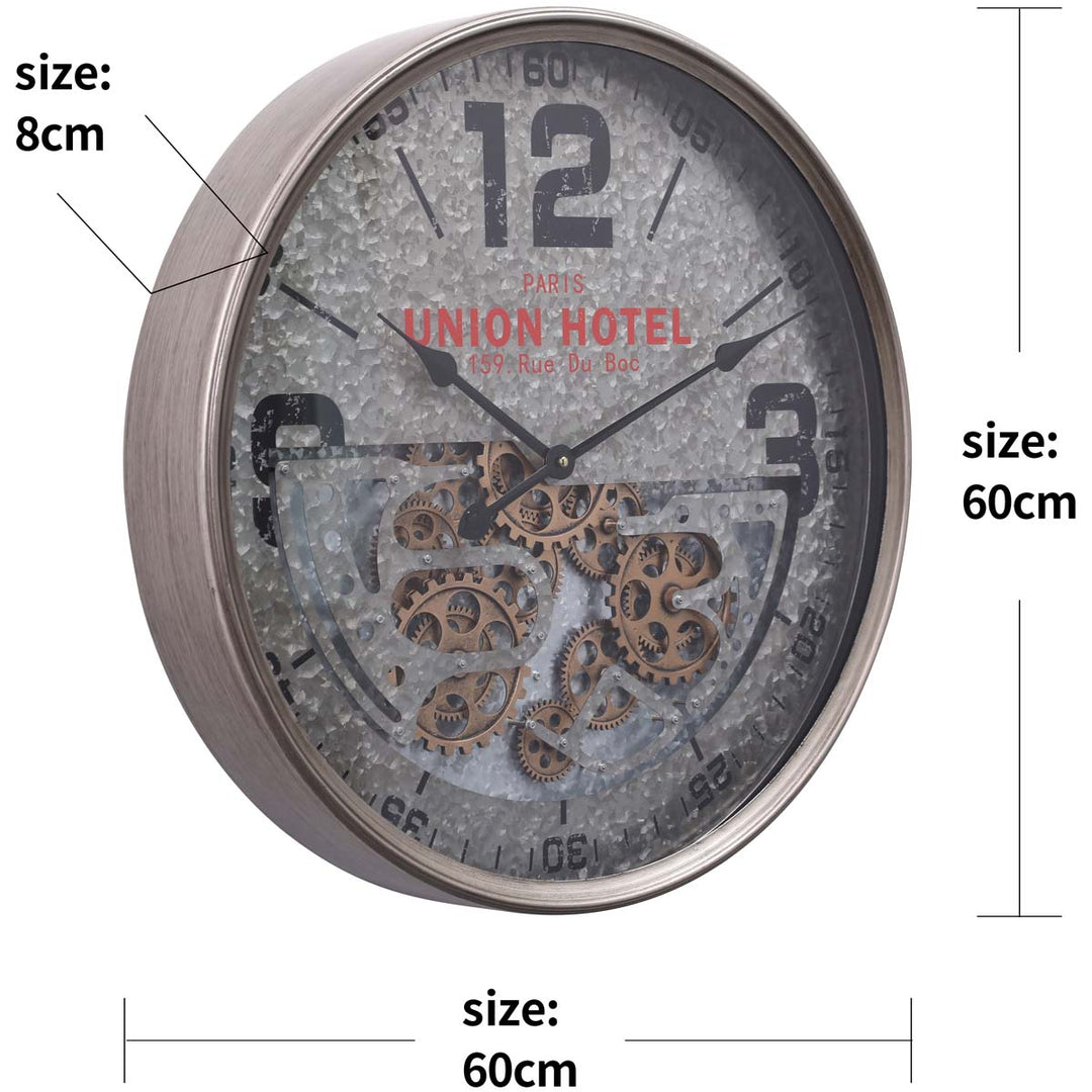 Chilli Decor Paris Union Hotel Silver Metal Moving Gears Wall Clock 60cm TQ-Y663 9
