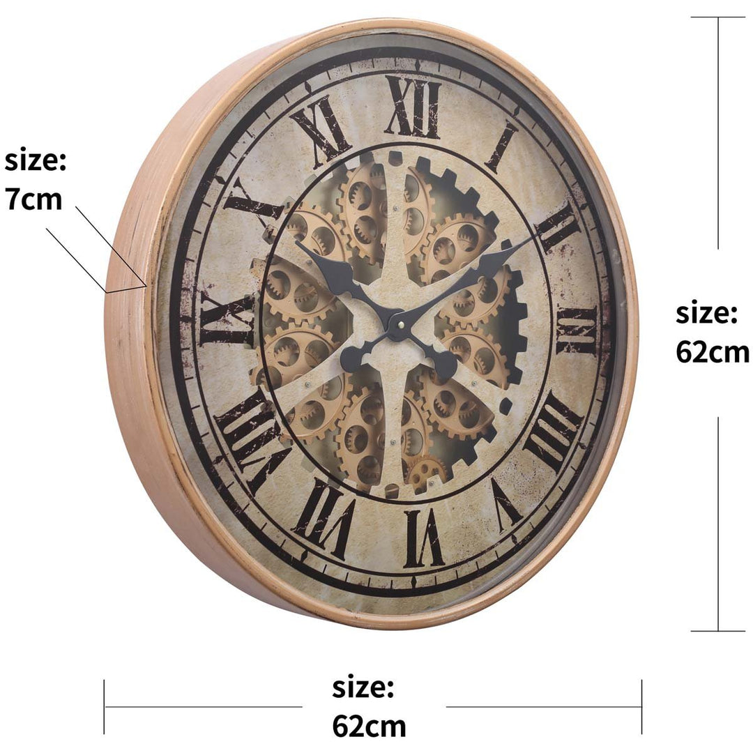 Chilli Decor Ragnar Industrial Gold Wash Metal Moving Gears Wall Clock 60cm TQ-Y616 12
