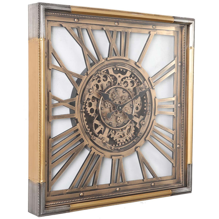 Chilli Decor Roma Square Rustic Gold Silver Metal Moving Gears Wall Clock 80cm TQ-Y658 1