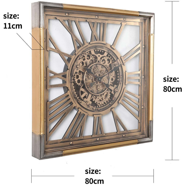 Chilli Decor Roma Square Rustic Gold Silver Metal Moving Gears Wall Clock 80cm TQ-Y658 7