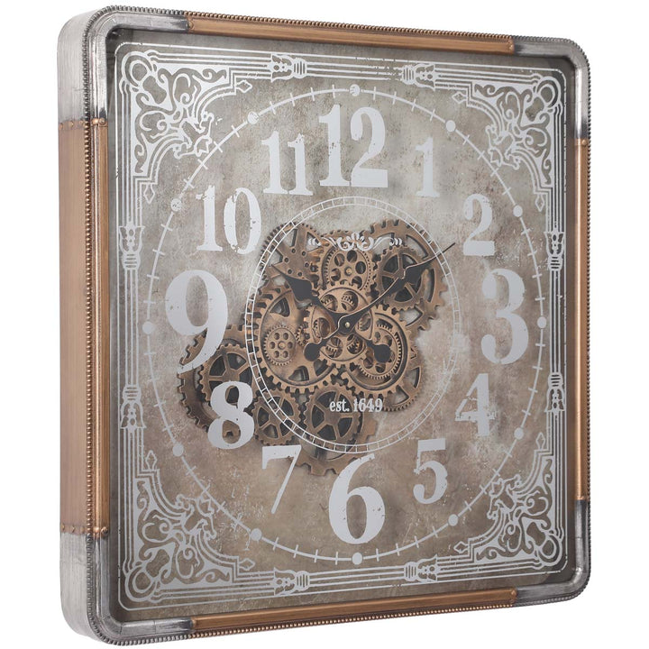Chilli Decor Rune Square Rustic Gold SIlver Mirrored Moving Gears Wall Clock 80cm TQ-Y659 1