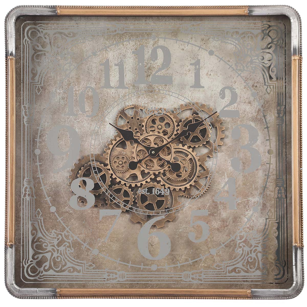 Chilli Decor Rune Square Rustic Gold SIlver Mirrored Moving Gears Wall Clock 80cm TQ-Y659 2