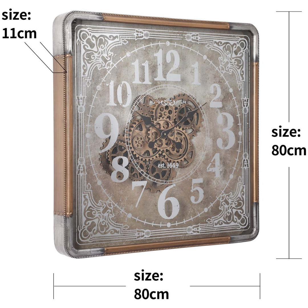 Chilli Decor Rune Square Rustic Gold SIlver Mirrored Moving Gears Wall Clock 80cm TQ-Y659 8