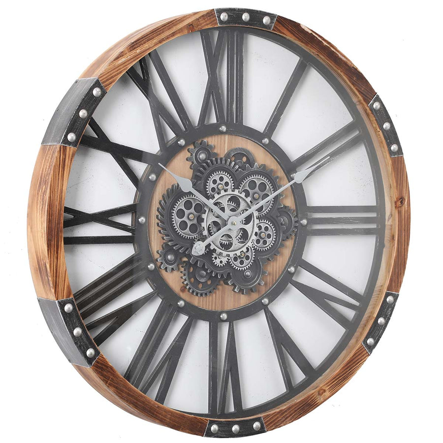 Chilli Decor Theo Industrial Country Wood Metal Moving Gears Wall Clock 73cm TQ-Y710 1