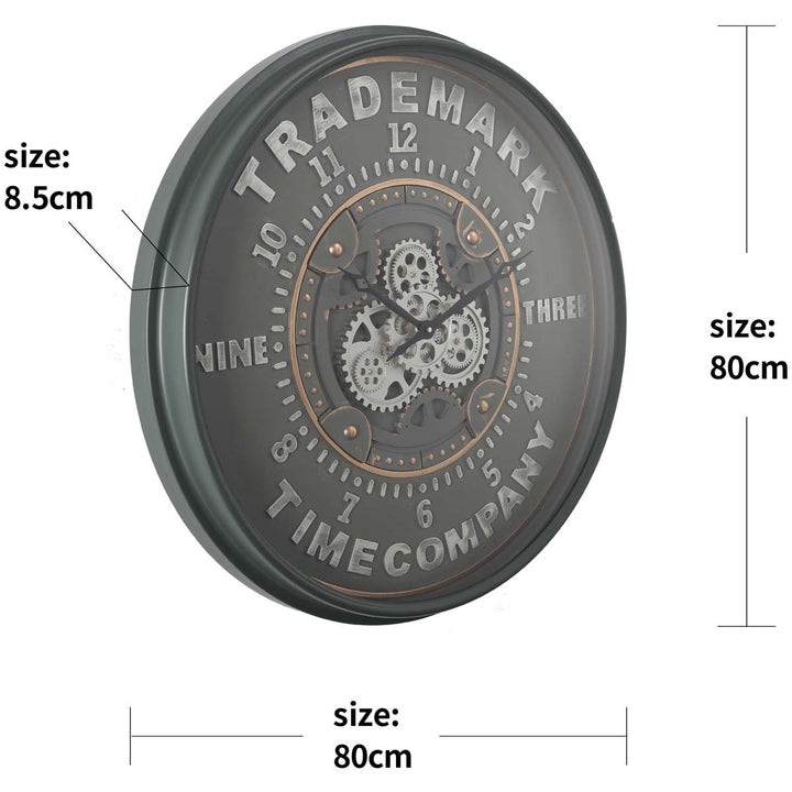 Chilli Decor Trademark Stamped Green Grey Metal Moving Gears Wall Clock 80cm TQ-Y676 6