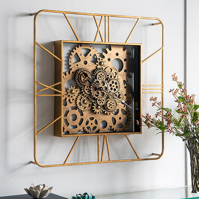 Divinity Avante Garde Rectangular Golden Iron Moving Gears Wall Clock 90cm 78670DS 2