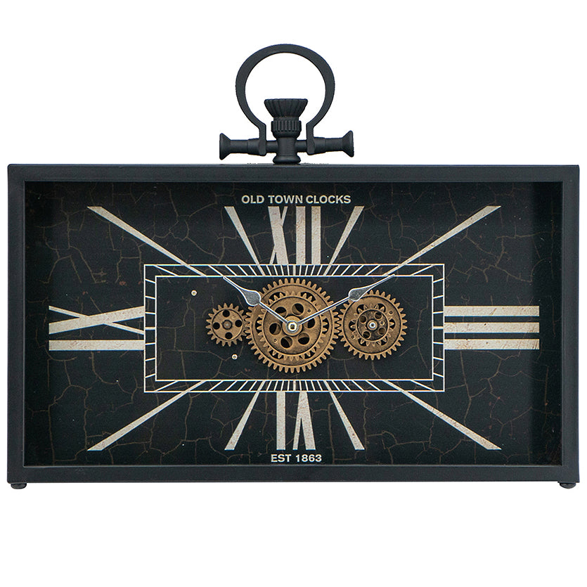 Divinity Old Town Black Rectangular Iron Moving Gears Desk Clock 45cm 78665DS 1