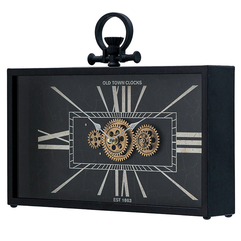 Divinity Old Town Black Rectangular Iron Moving Gears Desk Clock 45cm 78665DS 2
