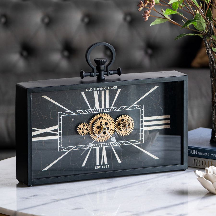 Divinity Old Town Black Rectangular Iron Moving Gears Desk Clock 45cm 78665DS 3