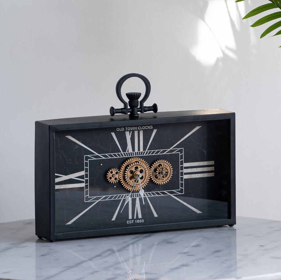 Divinity Old Town Black Rectangular Iron Moving Gears Desk Clock 45cm 78665DS 7