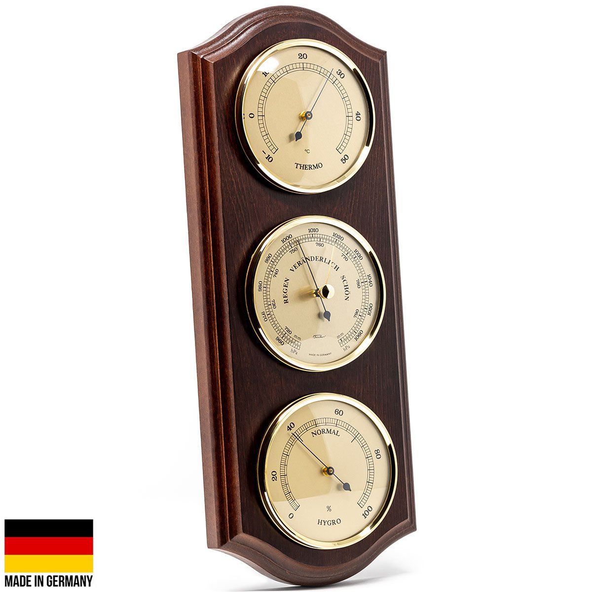 Fischer Martin Sheraton Polished Brass Weather Station Mahogany 40cm 9178-22 1