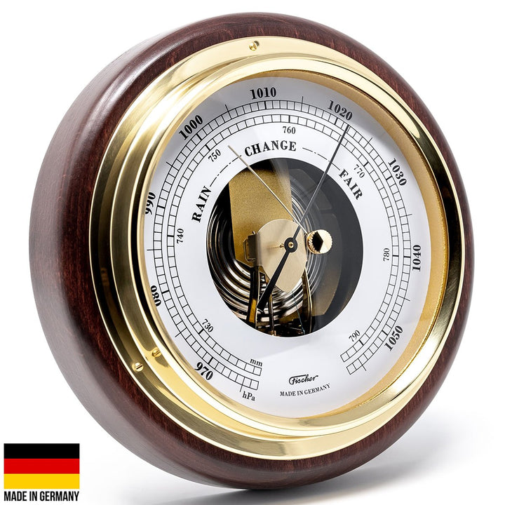 Fischer Walter Polished Brass Barometer Mahogany 17cm 1434B-22 1