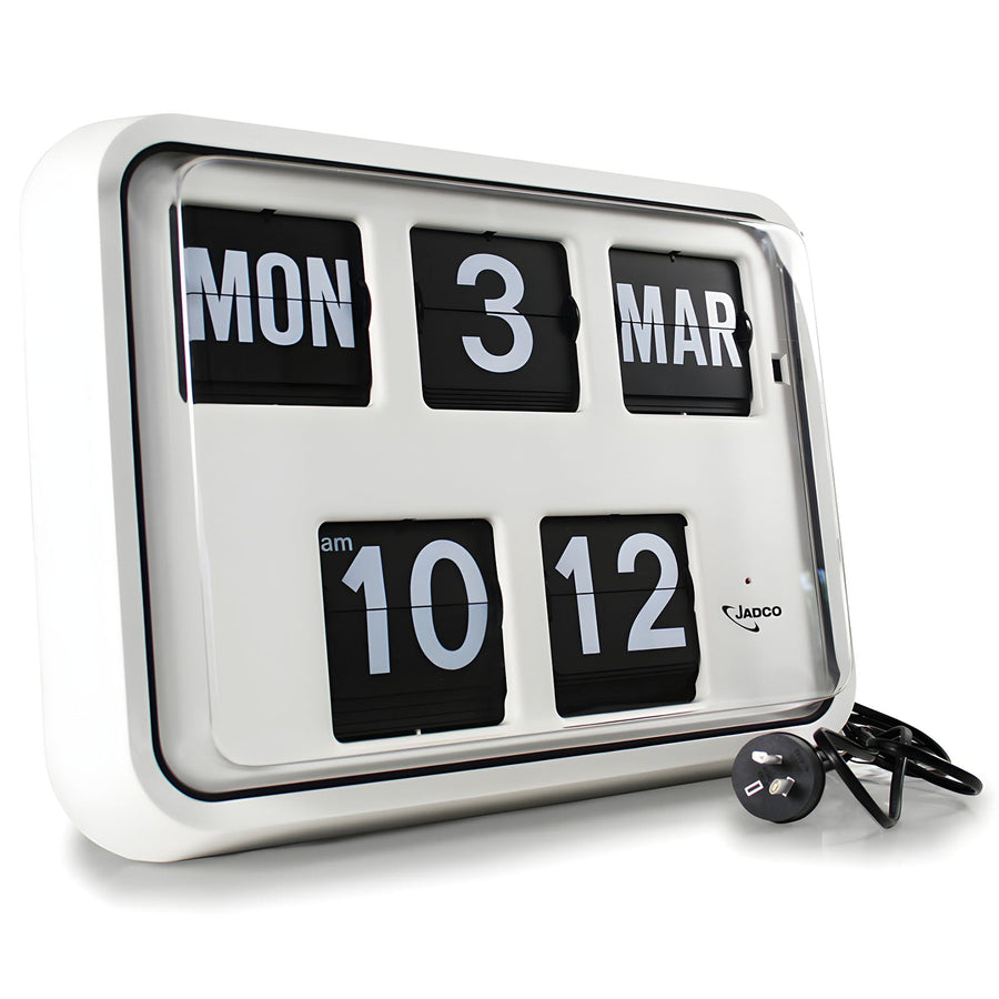Jadco Reserve Mains Powered Calendar Flip Wall Clock 24hr 42cm R17-24HR Angle Cable