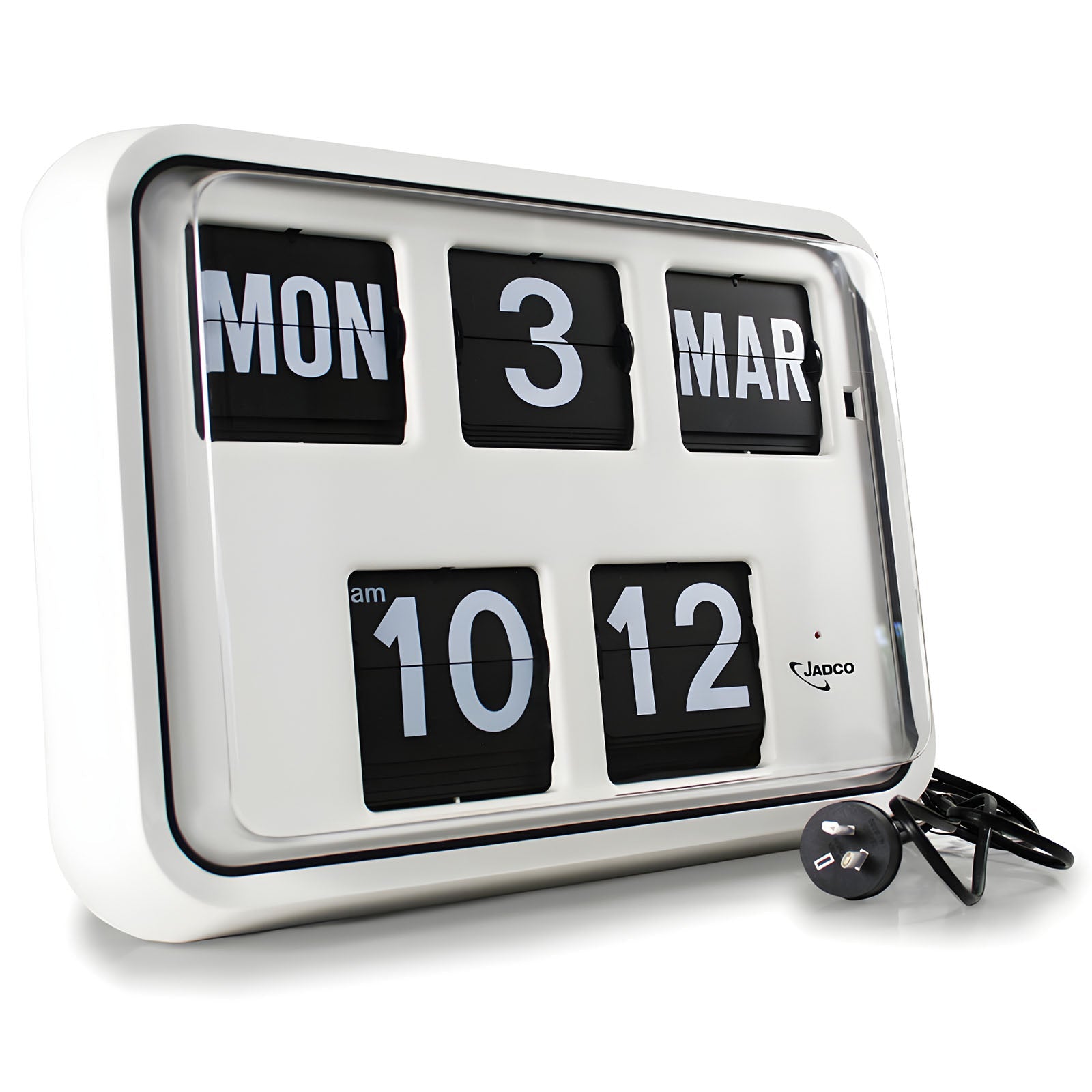 Jadco Reserve Mains Powered Calendar Flip Wall Clock 24hr 42cm R17-24HR Angle Cable #time-format_24hr