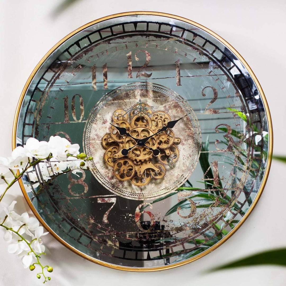 Large Round Mirror Moving Cogs Wall Clock 82cm 38535