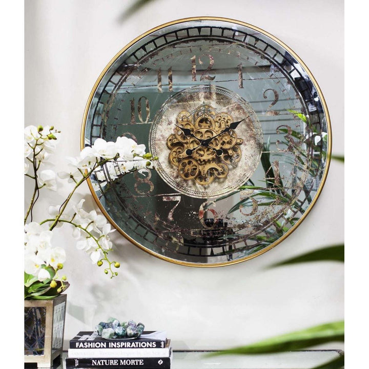 Large Round Mirror Moving Cogs Wall Clock Glamour 82cm 38535