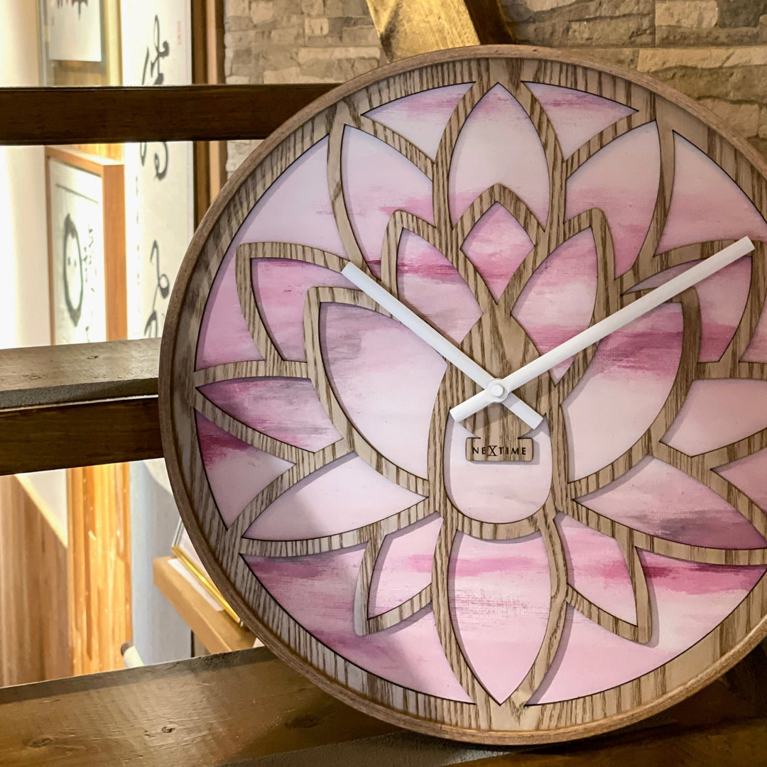 NeXtime Lotus Intricate Wooden Pattern Wall Clock Pink 40cm 573307 7