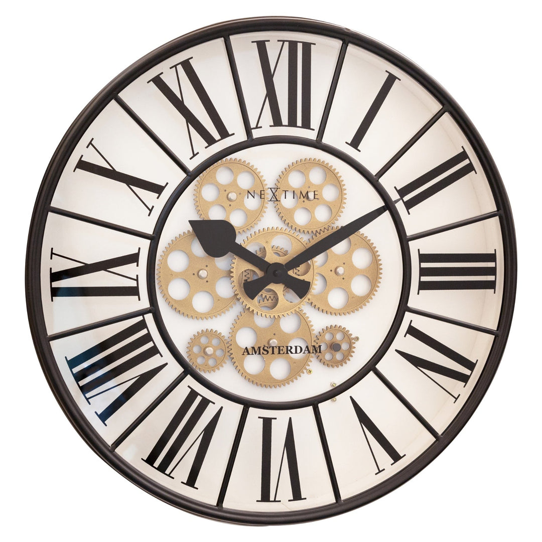 NeXtime William Black White Metal Moving Gears Wall Clock 50cm 573283WI 1