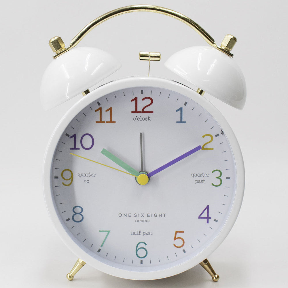 One Six Eight London Learn The Time Twin Bell Alarm Clock White 16cm 23108 1