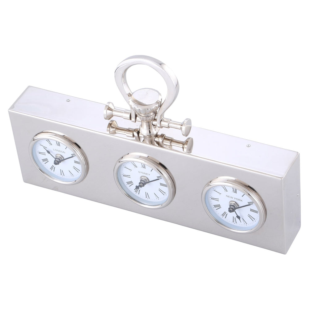 One World Timothy 3 Time Zone Silver Aluminum Mantel Clock 39cm TP0181 2