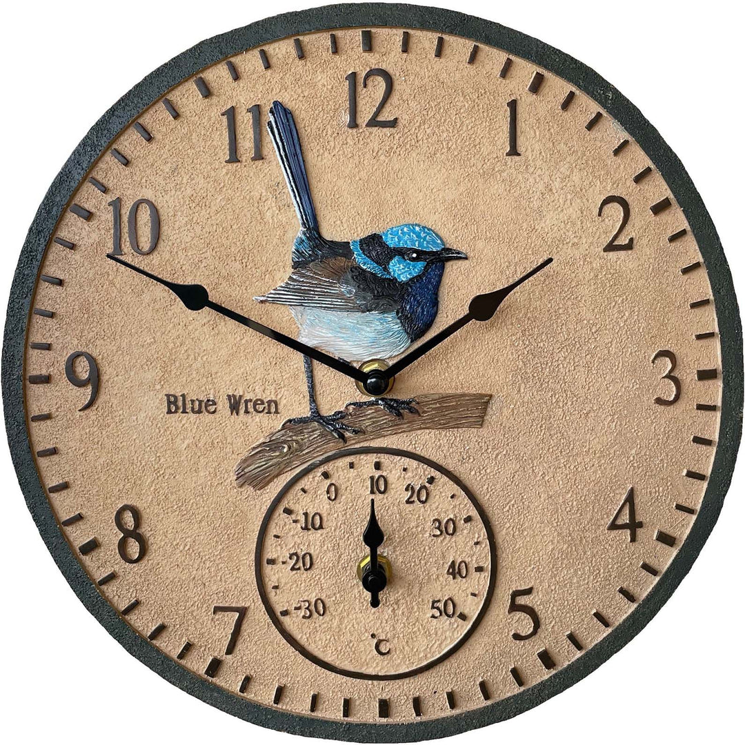 Outside Time Blue Wren Waterproof Outdoor Temperature Wall Clock Beige 30cm OT BW01 1