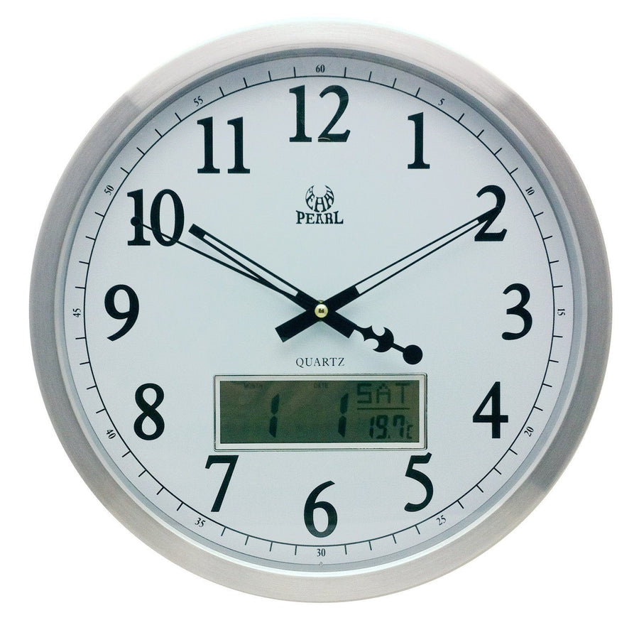 Pearl Time Aluminium LCD Digital Date Wall Clock Silver 35cm PW048-LCD