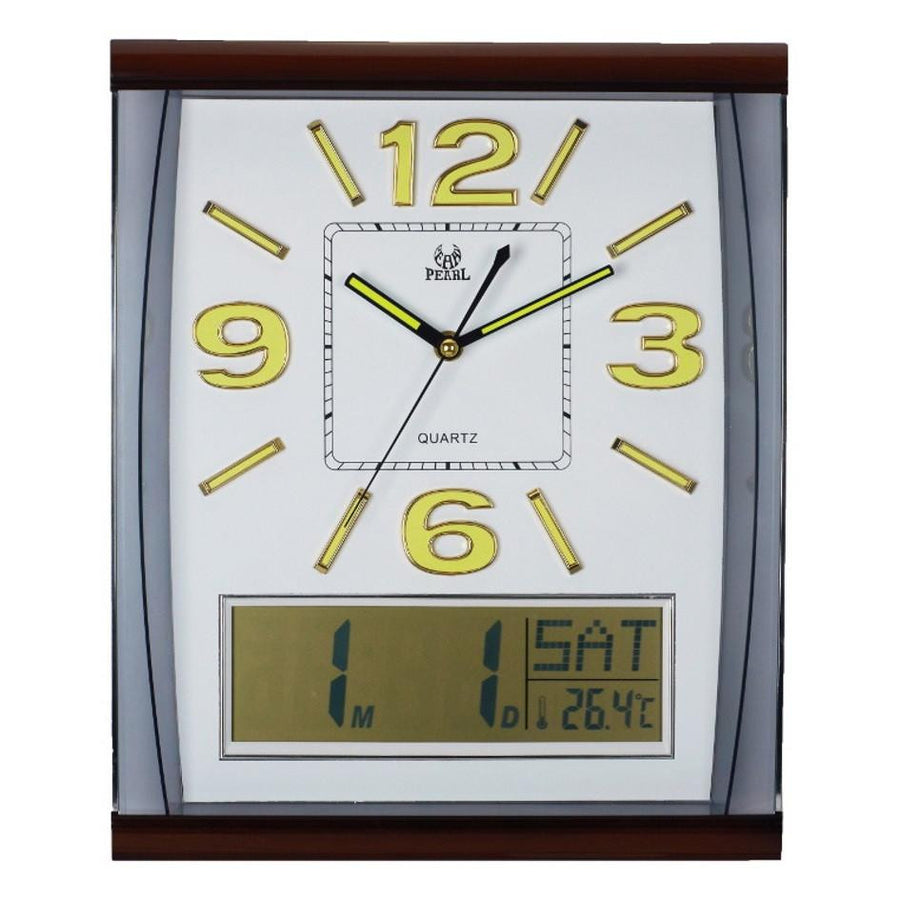 Pearl Time Rectangle Analog and LCD Wall Clock White Gold 37cm PW066-3