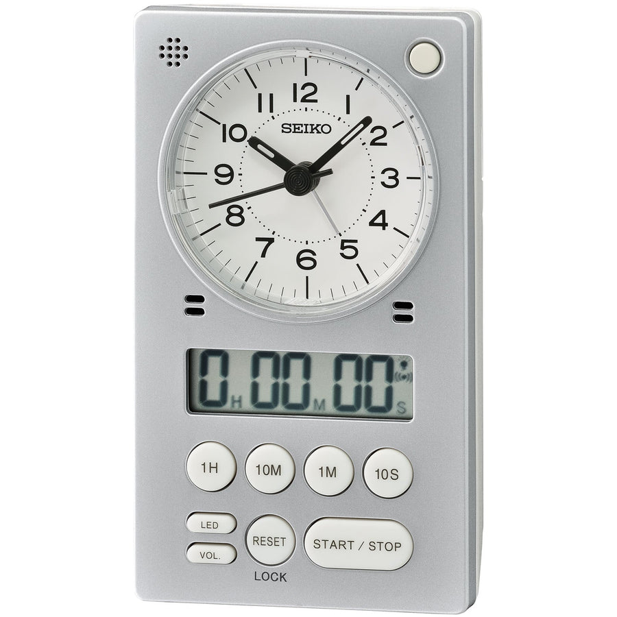 Seiko Baron Analog Digital Stopwatch Desk Clock Silver 12cm QHE190-S 1