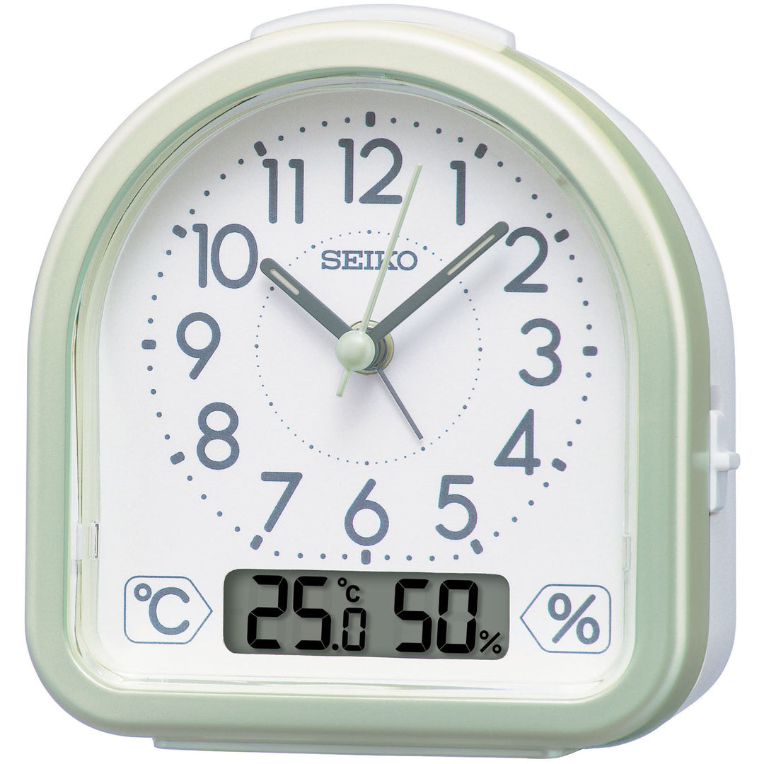 Seiko Evie Analog Digital Temp Hygro Alarm Clock Pearl Green 12cm QHE191-M 1