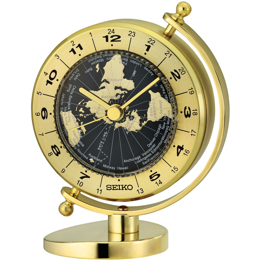 Seiko Leonidas World Time Rotating Dial Desk Clock Gold 13cm QHG106-G 1