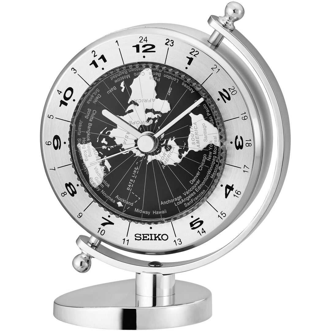 Seiko Leonidas World Time Rotating Dial Desk Clock Silver 13cm QHG106-S 1