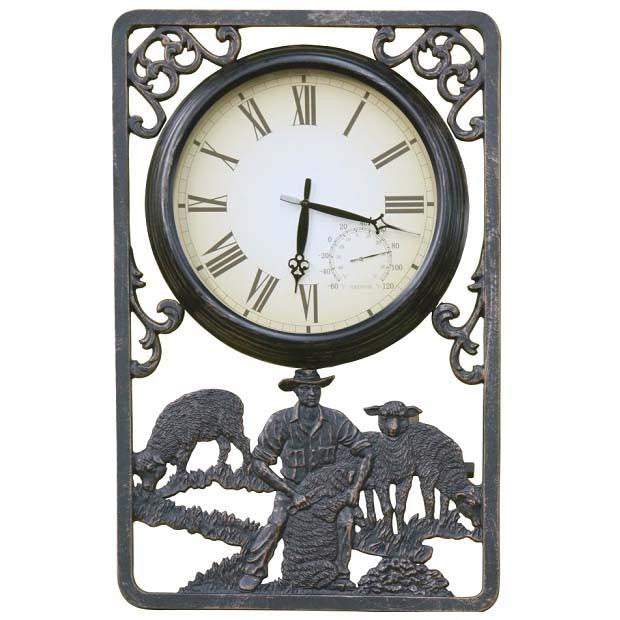 Shearing Cast Aluminium Thermometer Outdoor Wall Clock 72cm CT-C16