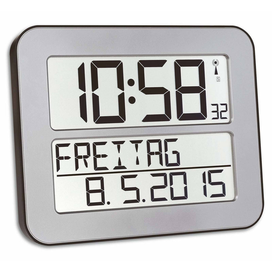 TFA Day Date Digital Alarm Wall or Table Clock Silver 26cm 60.4512.54