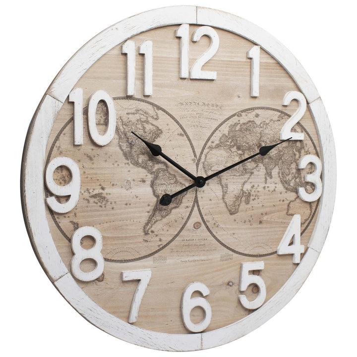 Toki Adrian Distressed World Map Wooden Wall Clock White 60cm 23128 2
