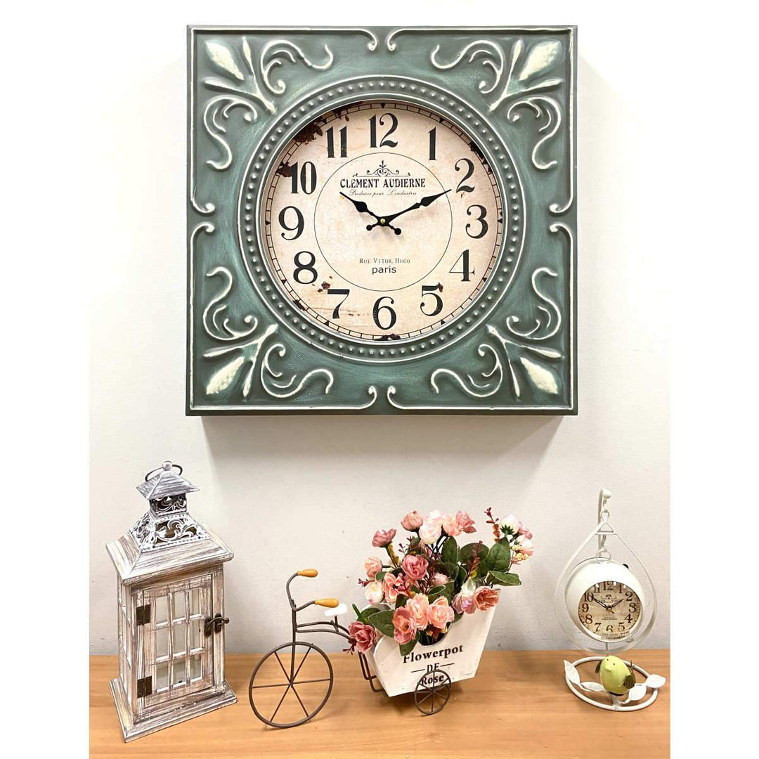 Victory Clement Audierne Green Pressed Metal Flower Frame Wall Clock 60cm CHH-881 8