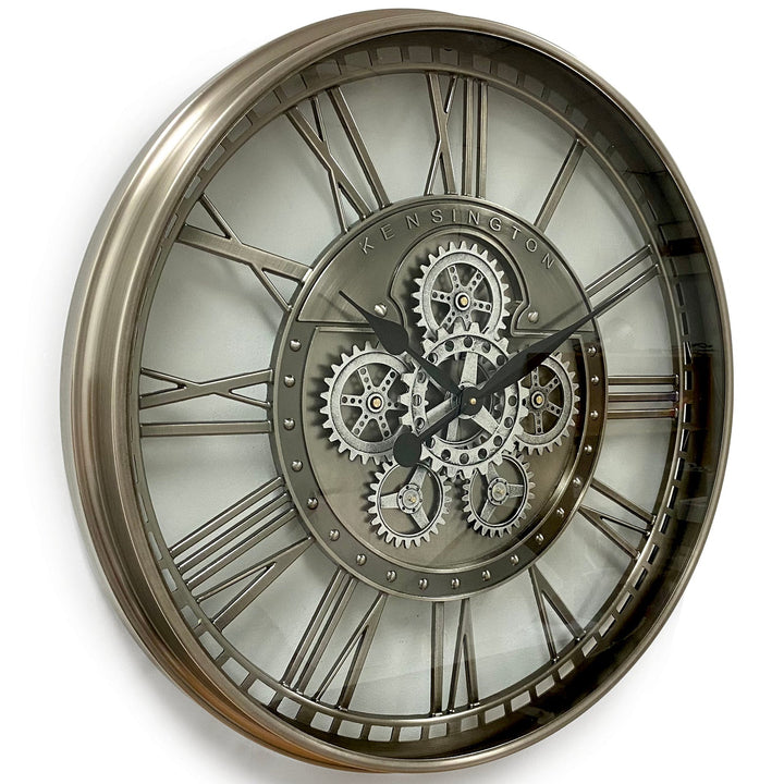 Victory Kensington Industrial Silver Wash Iron Moving Gears Wall Clock 70cm CCM-1766 1