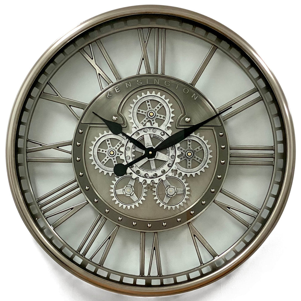 Victory Kensington Industrial Silver Wash Iron Moving Gears Wall Clock 70cm CCM-1766 3