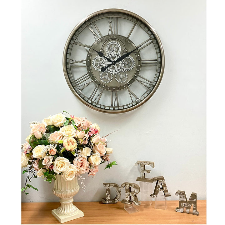 Victory Kensington Industrial Silver Wash Iron Moving Gears Wall Clock 70cm CCM-1766 10