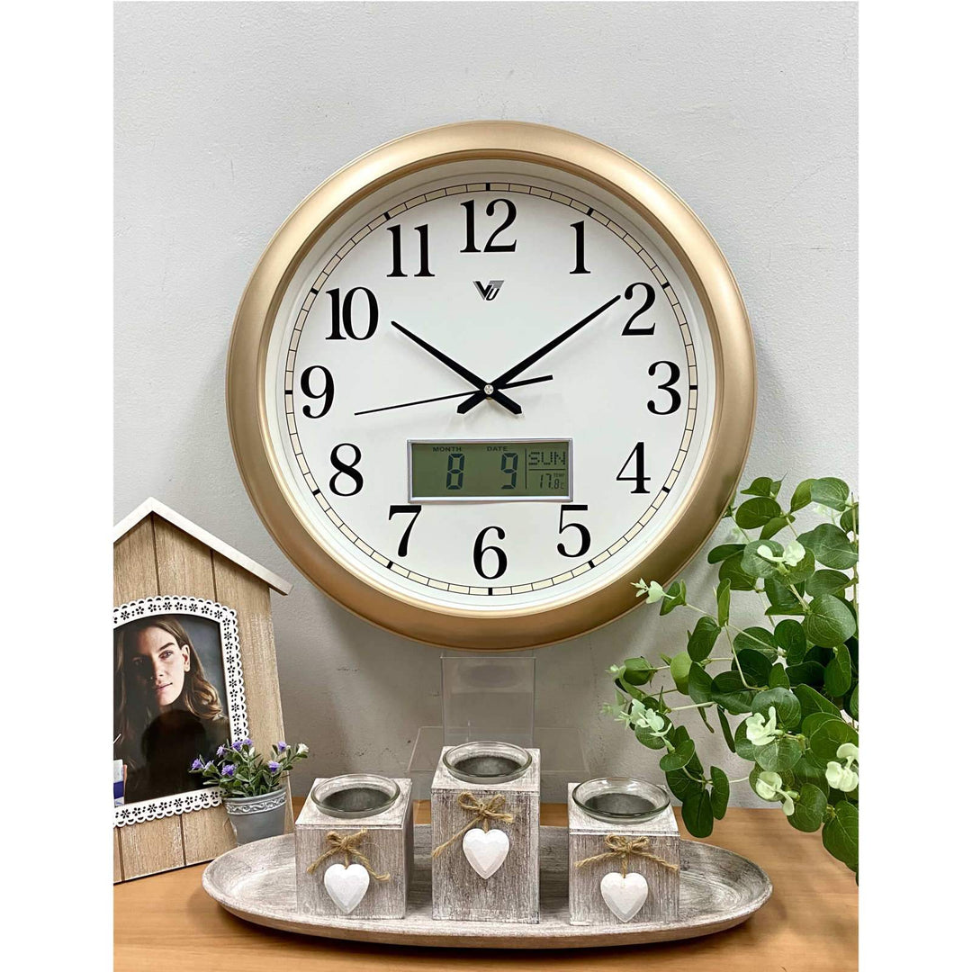 Victory Naomi Analogue with Digital Calendar Temp Wall Clock Gold 42cm CCJ-8503G 7